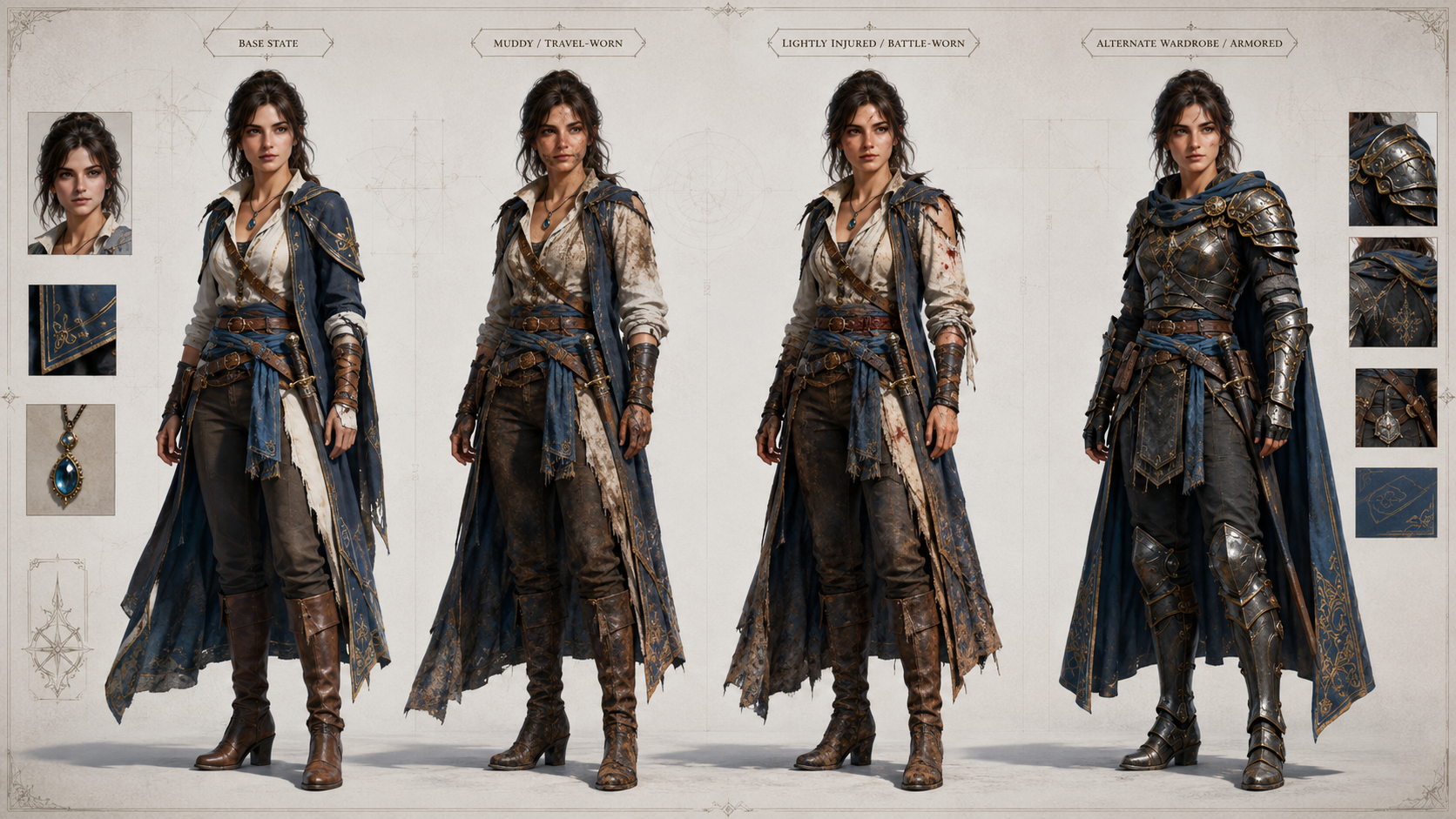 Character lineup showing the same hero in different conditions and states.