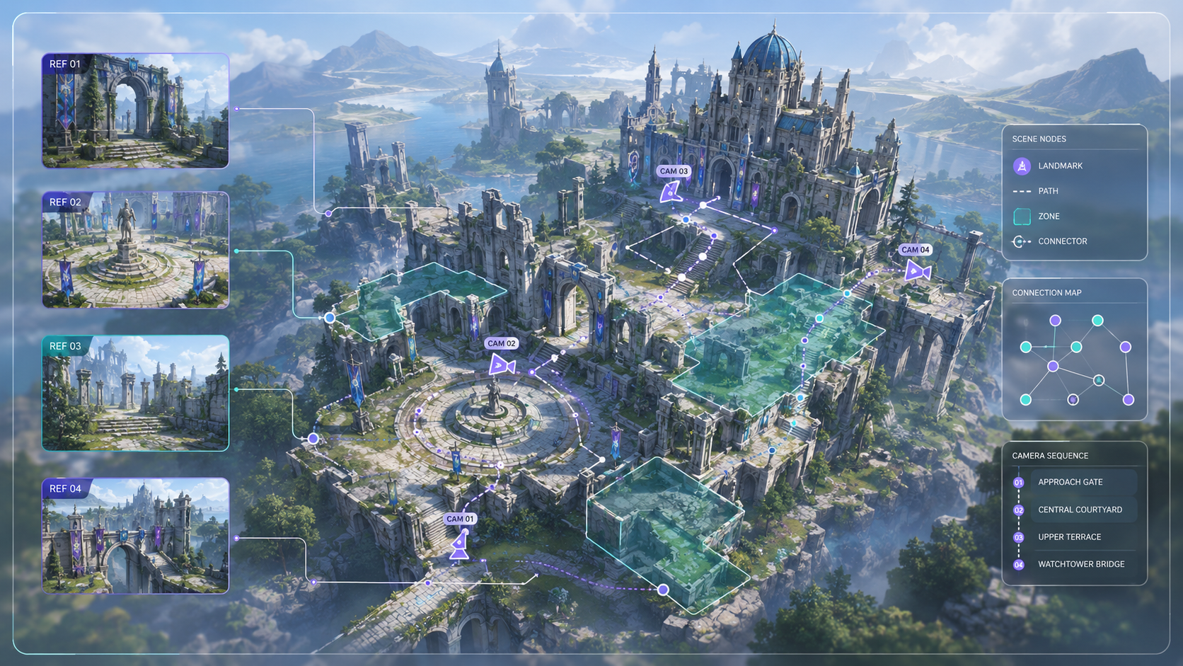 Scene overview combining a location render, camera nodes, and a spatial memory overlay.