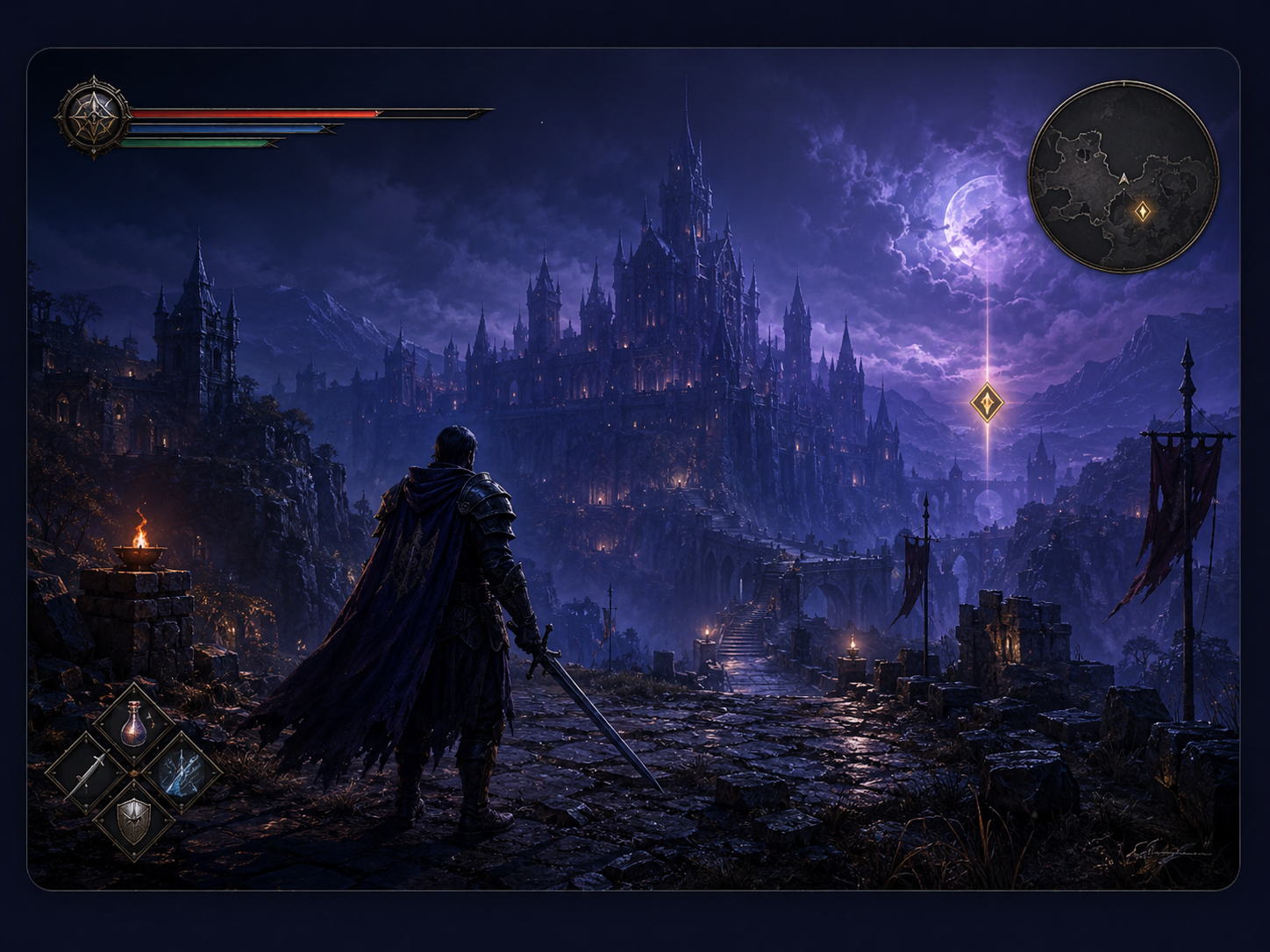 Traditional fantasy game scene with HUD and a large explorable environment.